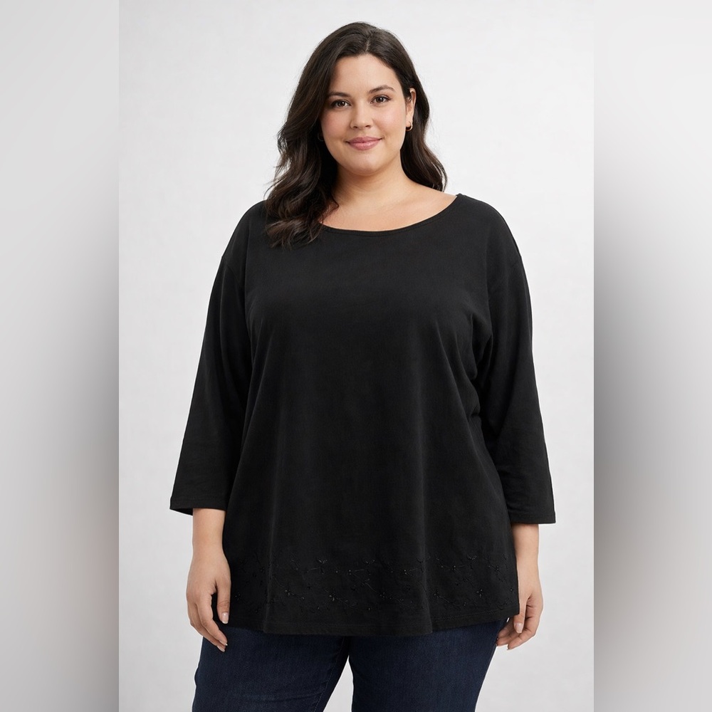 Talbots Women Black Embroidered
Blouse 2X 3/4 Sleeve Flowy Top Floral
Hem